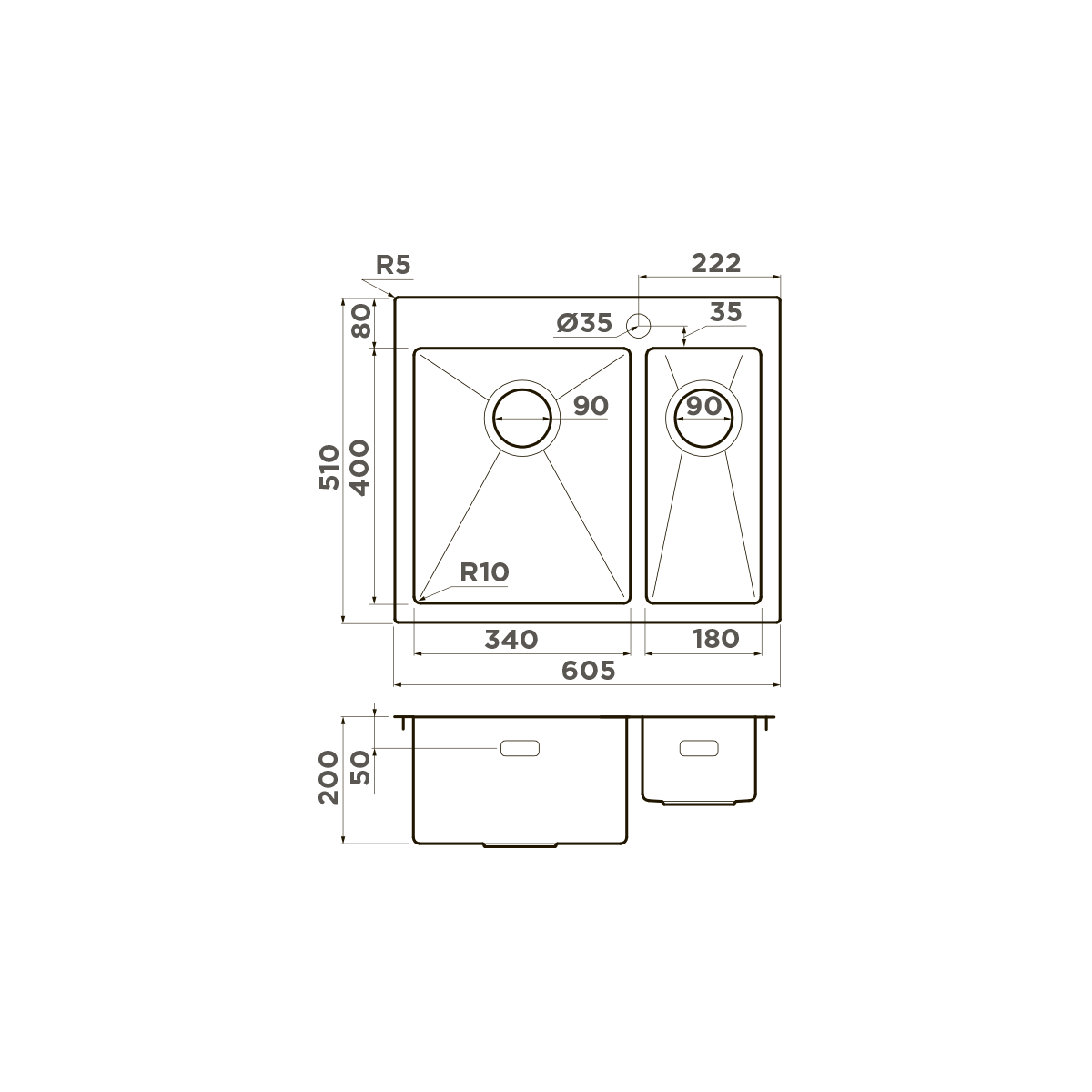 Omoikiri Akisame 60-2-L-IN нерж. сталь/нержавеющая сталь